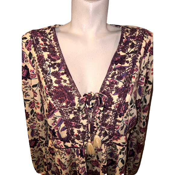 TORRID Top Sz M/L (00) Yellow Pink Floral Sand Embroidered Lace LS Blouse Shirt - Picture 2 of 8